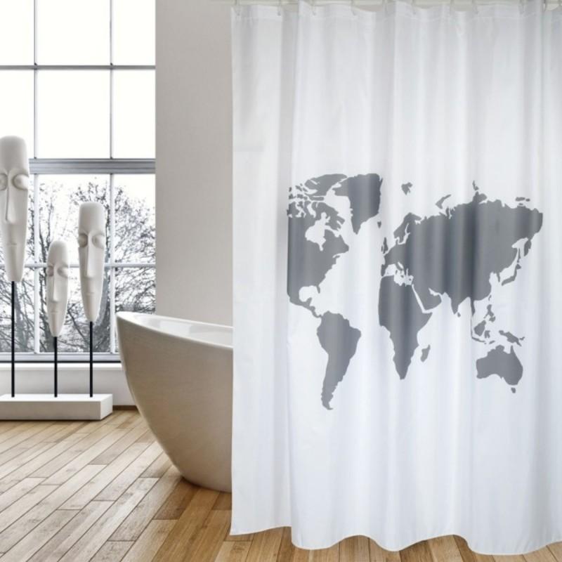 Spirella Rideau De Douche Polyester WORLD 180x200cm QUALITà PREMIUM Gris & Blanc - Anneaux Inclus MSV