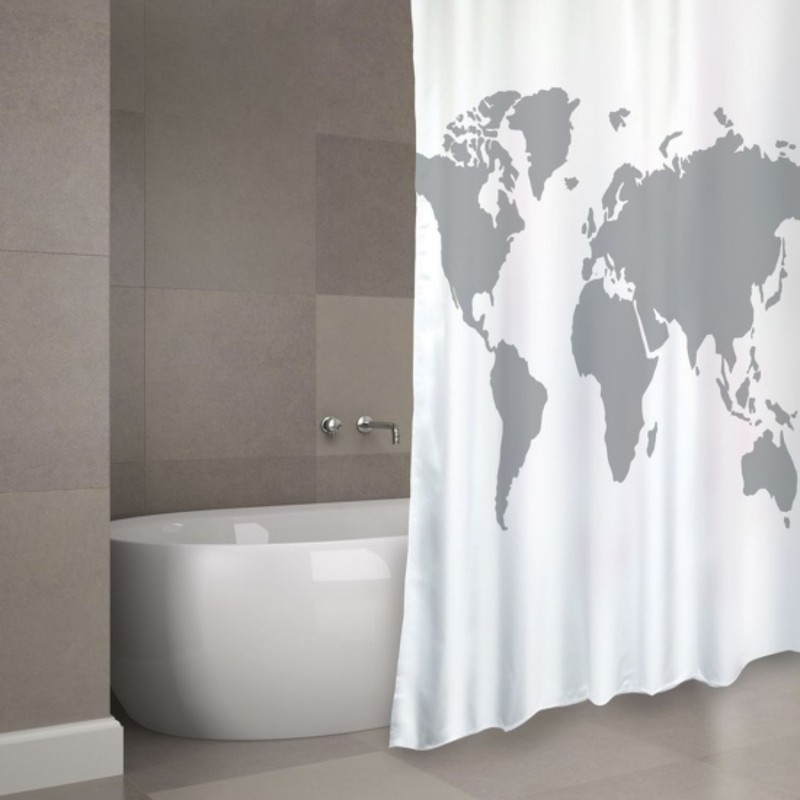 spirella Rideau de douche Polyester WORLD 180x200cm QUALITà PREMIUM Gris & Blanc - Anneaux inclus MSV