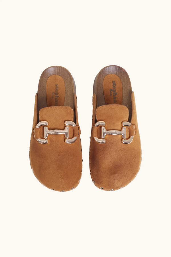 Stephan Mules à Talons Ouverts à Boucle Dorée Camel