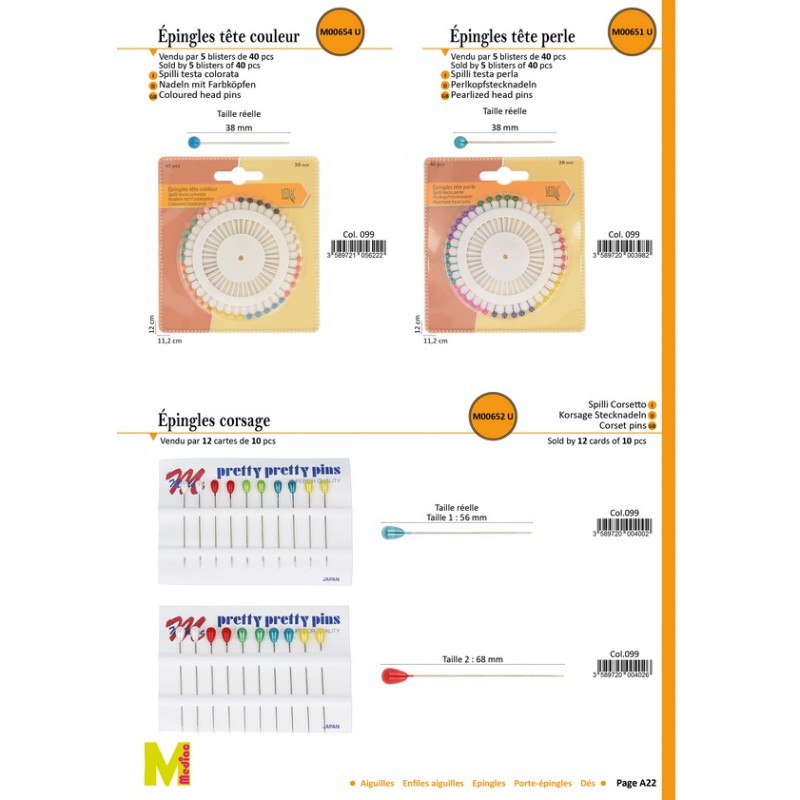 Stephanoise M654 - EPINGLE TETE COULEUR 38MM *40P