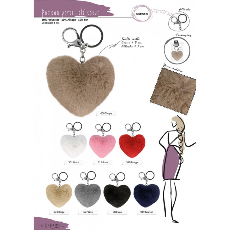 Stephanoise M8906 - POMPON PORTE CLE COEUR 8CM