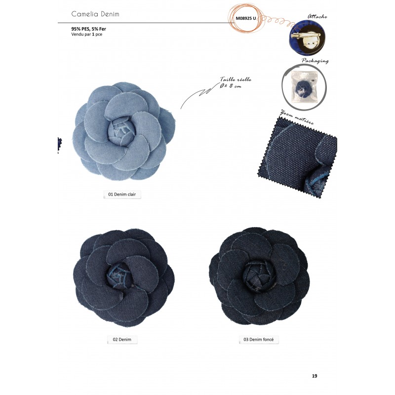 Stephanoise M8925 - FLEUR CAMELIA DENIM BROCHE 8cm