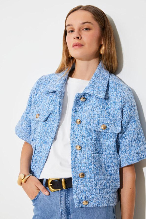 Suncoo Dolly Veste En Tweed Chiné à Manches Courtes Bleu Ciel