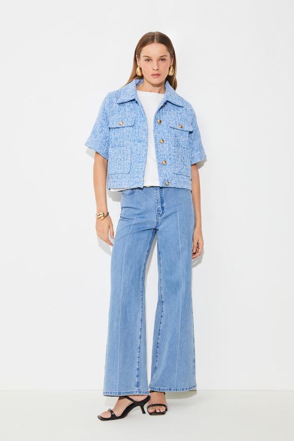 suncoo Dolly Veste en tweed chiné à manches courtes bleu ciel