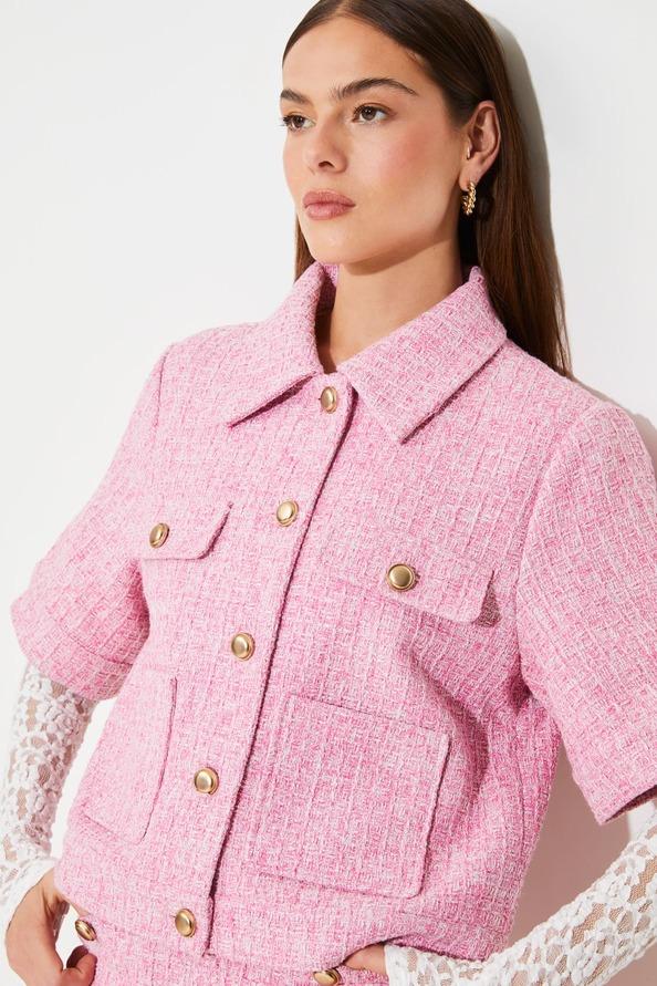 Suncoo Dolly Veste En Tweed Chiné à Manches Courtes Rose