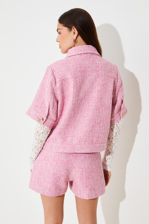 Suncoo Dolly Veste En Tweed Chiné à Manches Courtes Rose