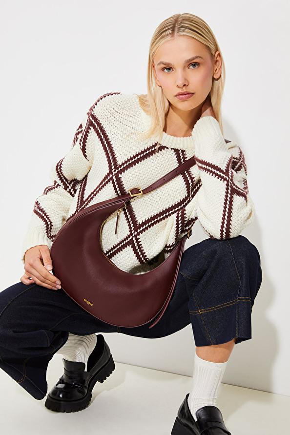 Suncoo Alba Sac à Main Demi-lune En Cuir Bordeaux