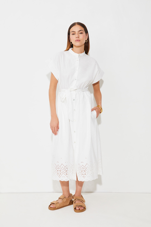 Suncoo Ceylan Robe Midi Boutonnée Brodée Blanc