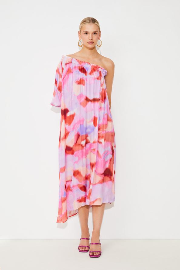 suncoo Crina Robe one shoulder à imprimé fuchsia