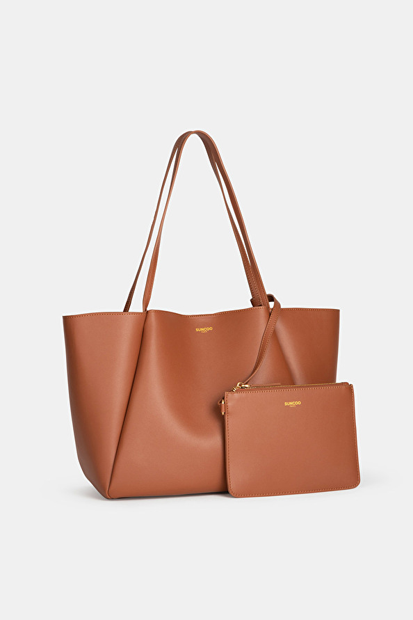 suncoo Mona Sac cabas en cuir camel et sa pochette