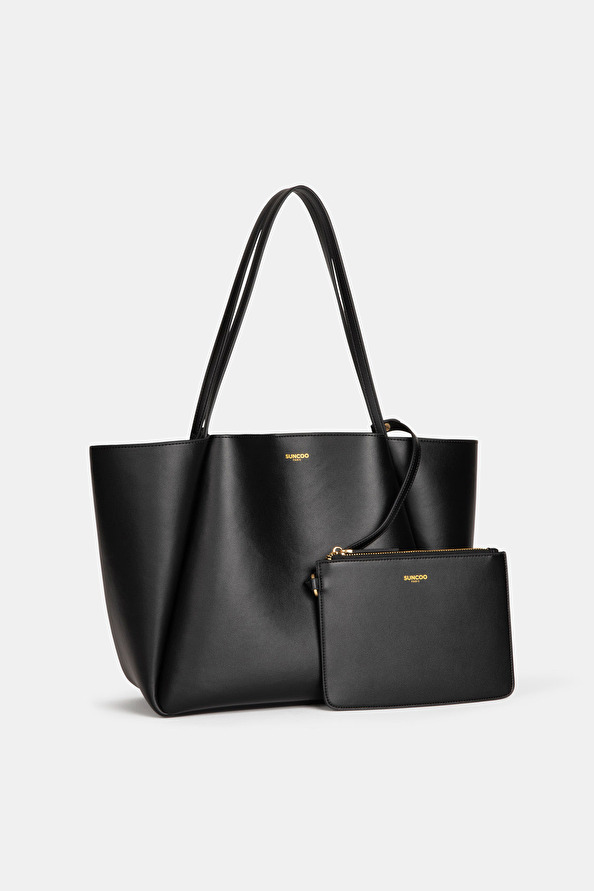 suncoo Mona Sac cabas en cuir noir et sa pochette
