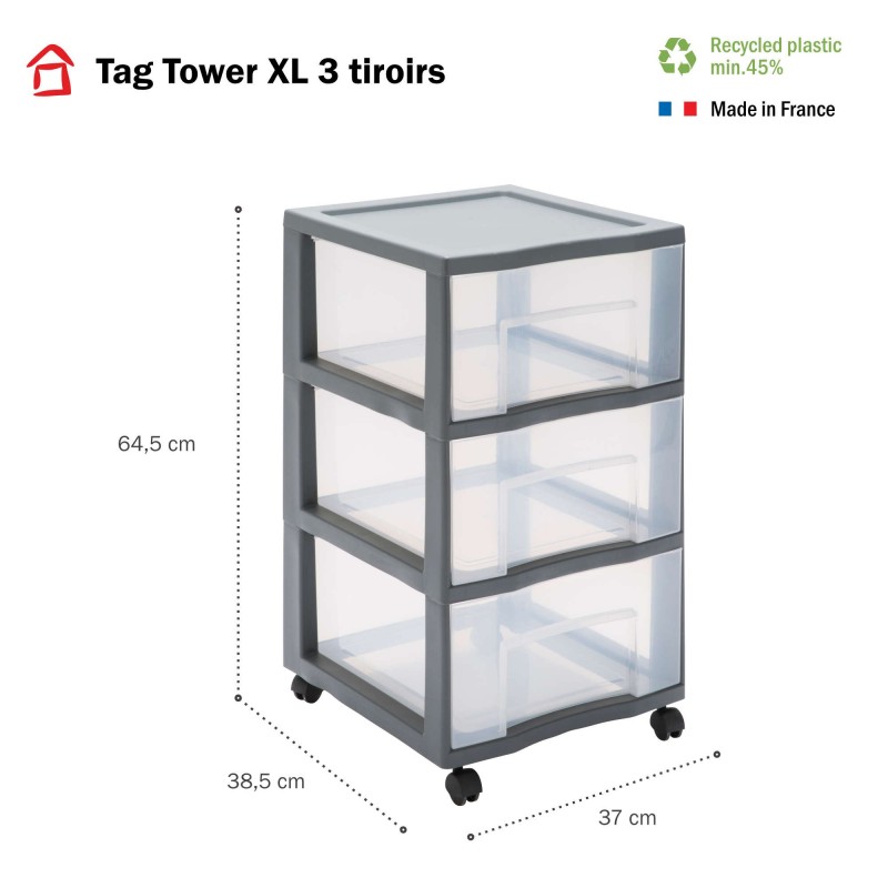 Sundis Grande Tour De Rangement Plastique Avec Roulettes Tag Tower XL 3 Tiroirs Transparents - Gris