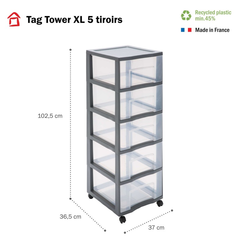 Sundis Grande Tour De Rangement Plastique Avec Roulettes Tag Tower XL 5 Tiroirs Transparents - Gris