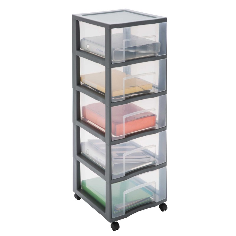 sundis Grande tour de rangement plastique avec roulettes Tag Tower XL 5 tiroirs transparents - gris