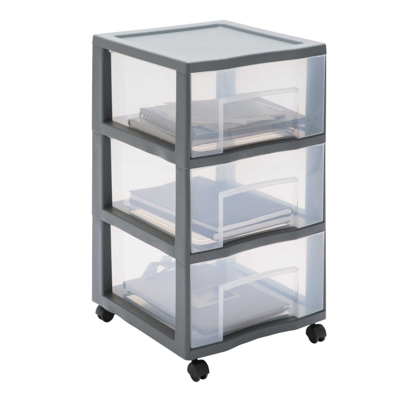 sundis Grande tour de rangement plastique avec roulettes Tag Tower XL 3 tiroirs transparents - gris