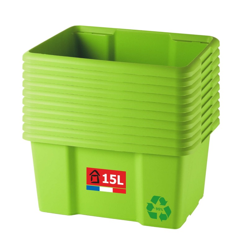 sundis Lot de 10 bacs de rangement plastique 15L empilables - vert sundis Lot de 10 bacs de rangement plastique 15L empilables - vert