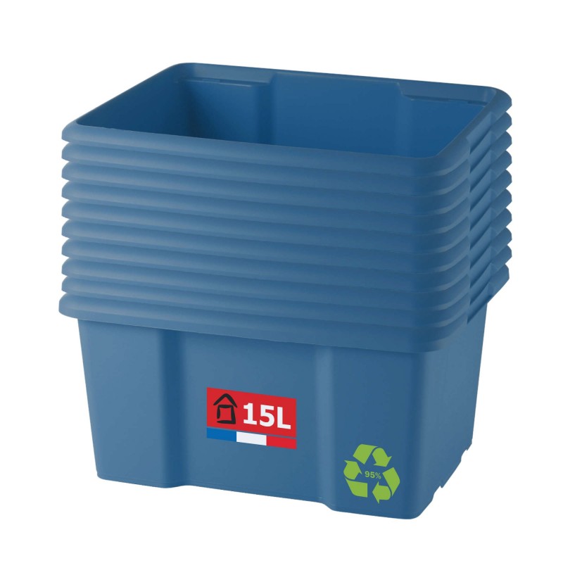 sundis Lot de 10 bacs de rangement plastique 15L empilables - bleu sundis Lot de 10 bacs de rangement plastique 15L empilables - bleu