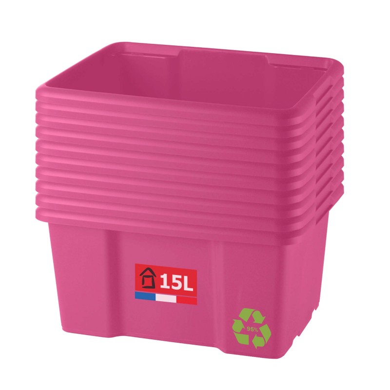 sundis Lot de 10 bacs de rangement plastique 15L empilables - rose sundis Lot de 10 bacs de rangement plastique 15L empilables - rose