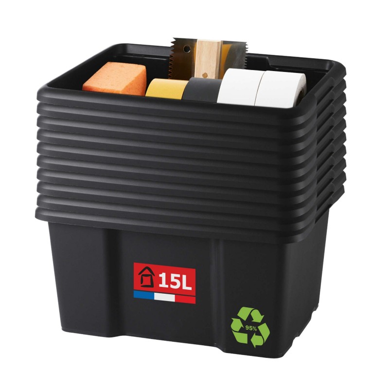 sundis Lot de 10 bacs de rangement plastique 15L empilables - noir sundis Lot de 10 bacs de rangement plastique 15L empilables - noir
