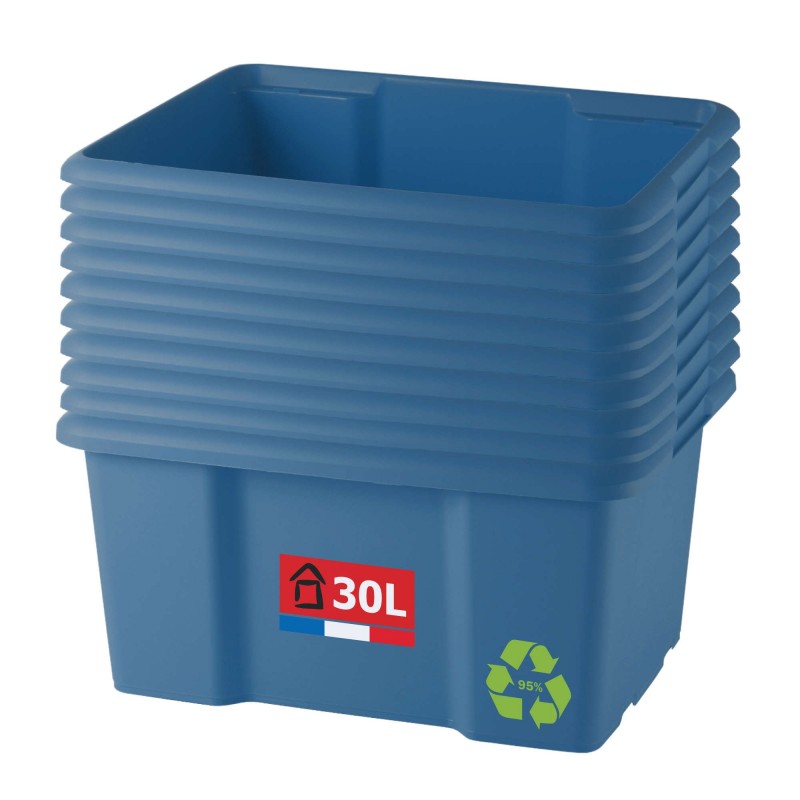 sundis Lot de 10 bacs de rangement plastique 30L empilables - bleu sundis Lot de 10 bacs de rangement plastique 30L empilables - bleu