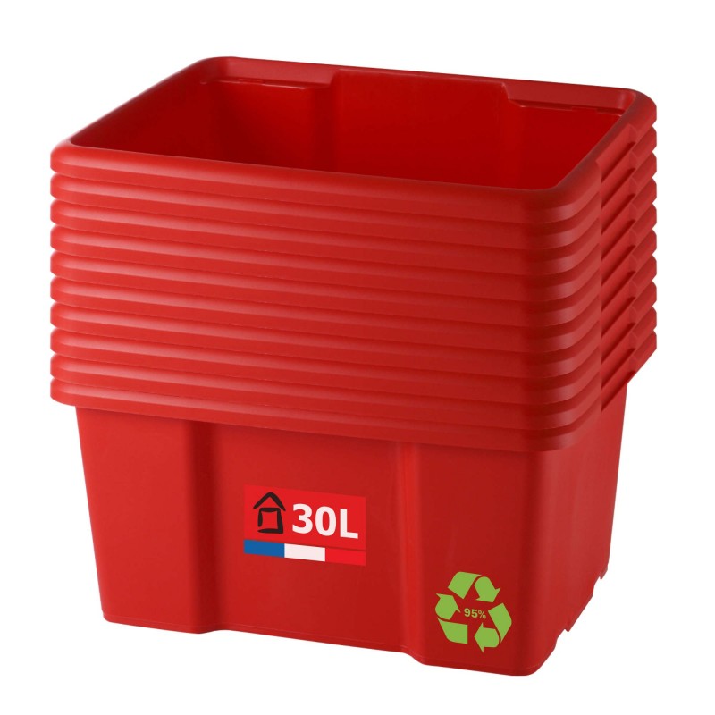 sundis Lot de 10 bacs de rangement plastique 30L empilables - rouge sundis Lot de 10 bacs de rangement plastique 30L empilables - rouge