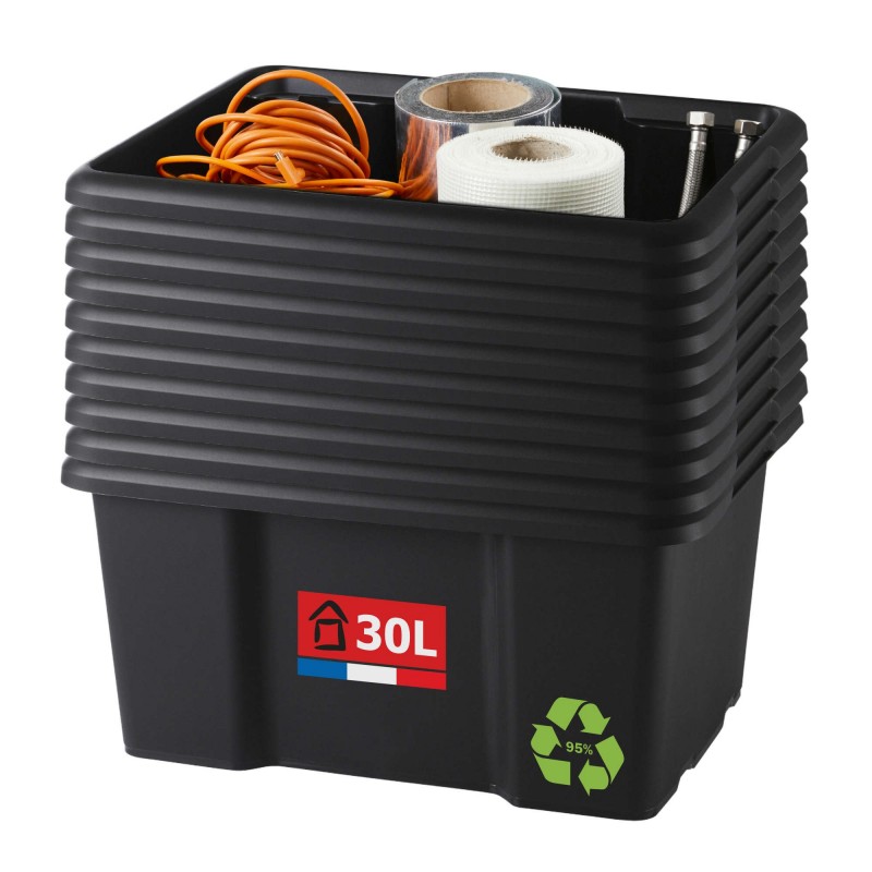 sundis Lot de 10 bacs de rangement plastique 30L empilables - noir sundis Lot de 10 bacs de rangement plastique 30L empilables - noir