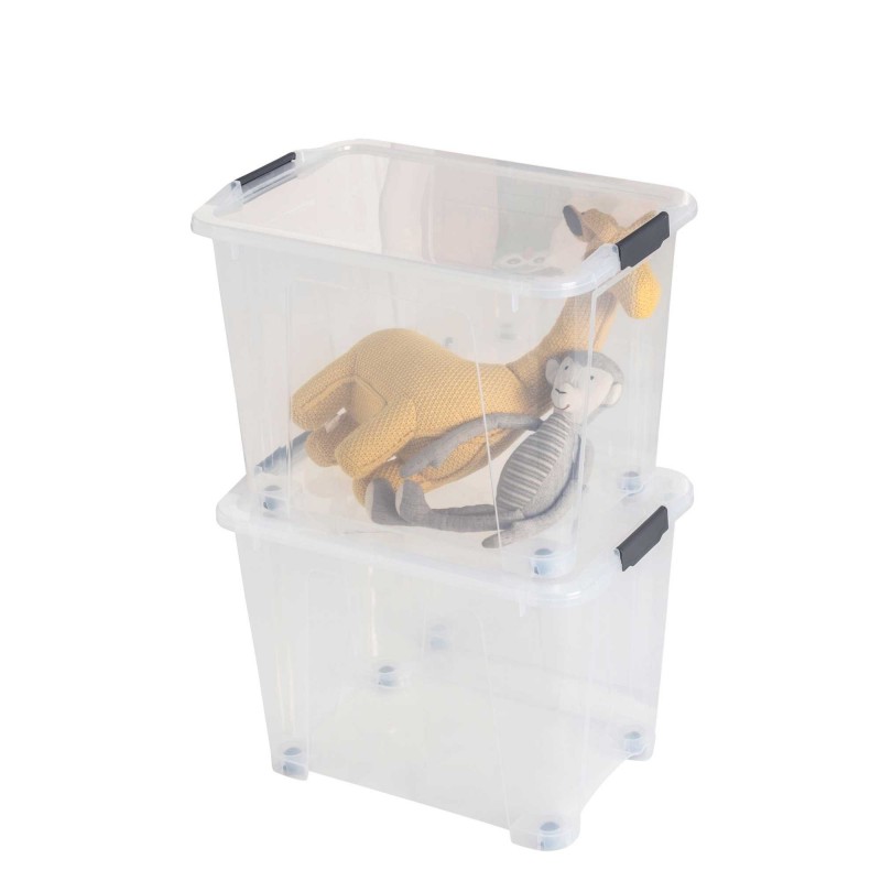 sundis Lot de 2 boîtes de rangement avec roues en plastique transparent 60L avec couvercle clipsable VIEW BOX
