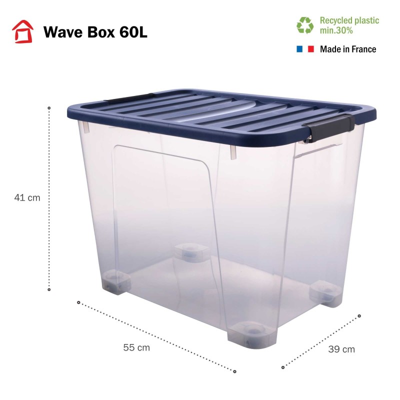 Sundis Lot De 2 Boîtes De Rangement En Plastique Transparent 60L XL Empilables Avec Roues Et Couvercle Clipsable WAVE BOX