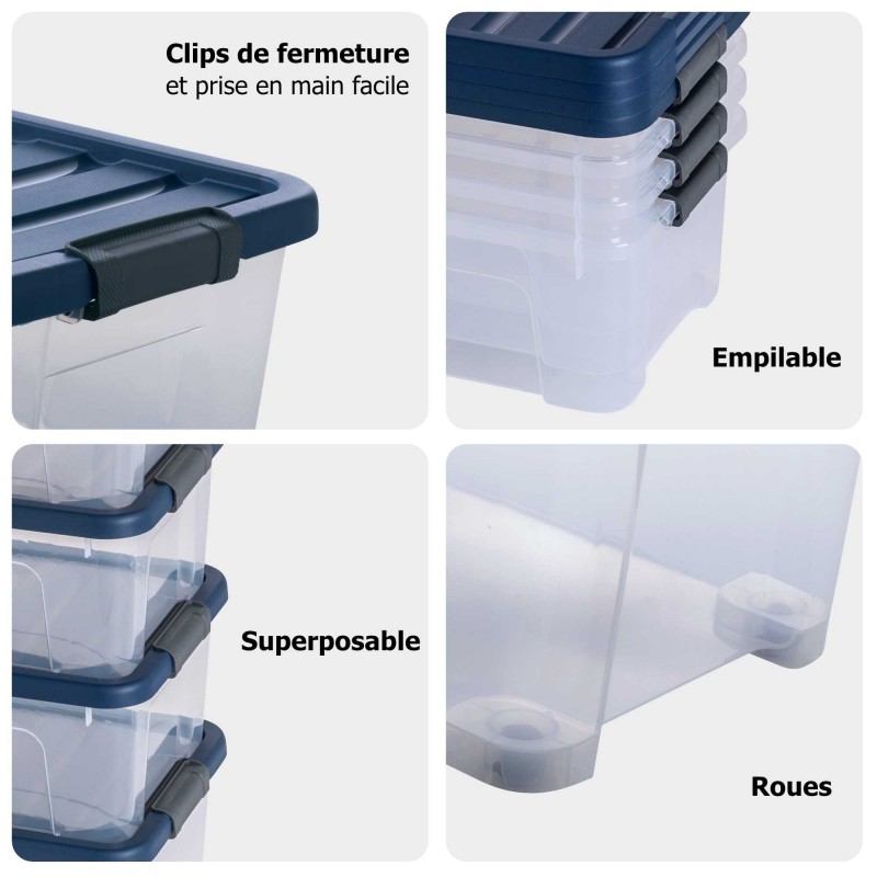 Sundis Lot De 2 Boîtes De Rangement En Plastique Transparent 60L XL Empilables Avec Roues Et Couvercle Clipsable WAVE BOX