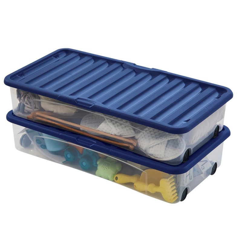 sundis Lot de 2 boîtes de rangement sous le lit 35L avec couvercle et roues VENTILI - bleu