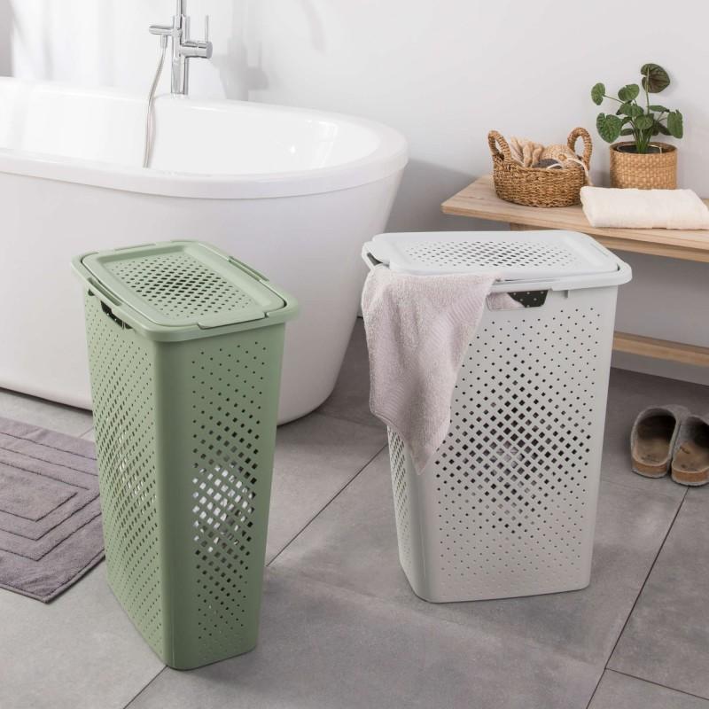 Sundis Lot De 2 Paniers à Linge En Plastique Avec Couvercle 40l Slim PIXEL - Vert Sauge