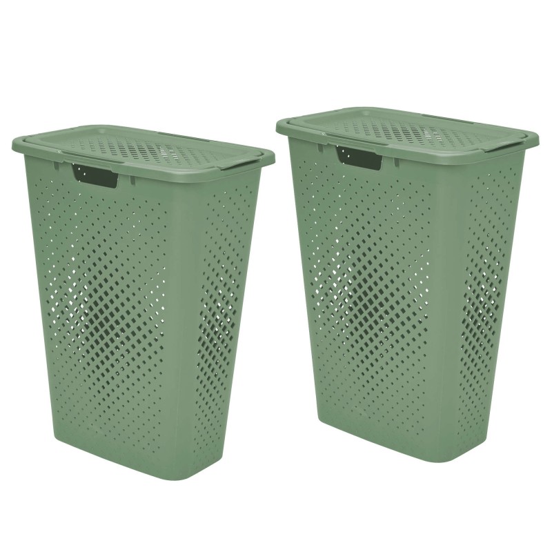 sundis Lot de 2 paniers à linge en plastique avec couvercle 40l slim PIXEL - vert sauge