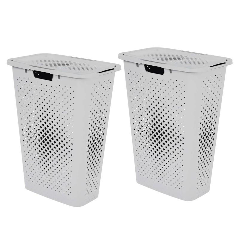 sundis Lot de 2 paniers à linge en plastique avec couvercle 40l slim PIXEL - blanc cassé