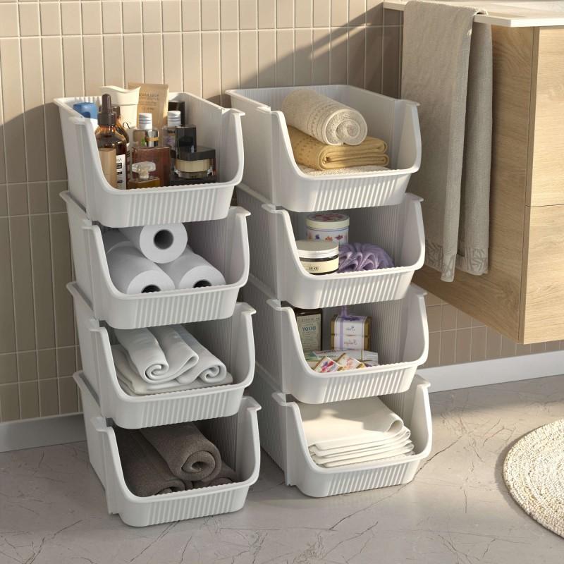 Sundis Lot De 2 Tours De 4 Bacs De Rangement En Plastique Empilables FLY TOWER - Blanc Cassé