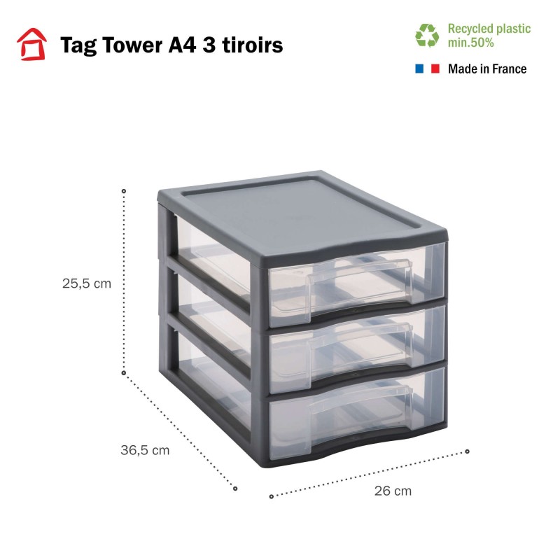 Sundis Lot De 2 Tours De Rangement En Plastique A4 Tag Tower 3 Tiroirs Transparents - Gris
