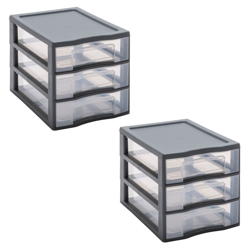sundis Lot de 2 tours de rangement en plastique A4 Tag Tower 3 tiroirs transparents - gris