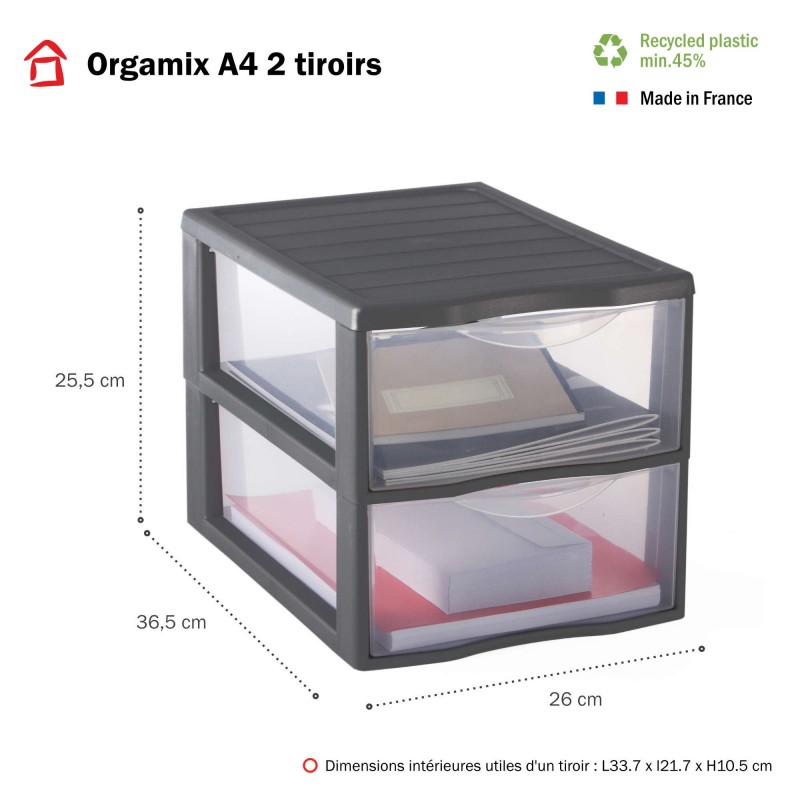 Sundis Lot De 2 Tours De Rangement Plastique A4 Orgamix 2 Tiroirs Transparents - Gris