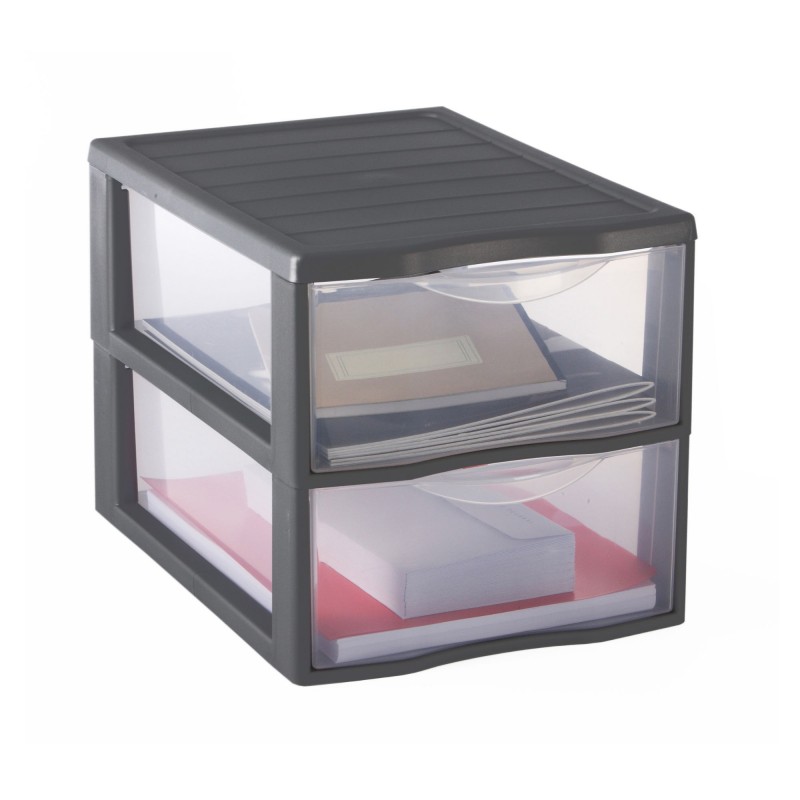 Sundis Lot De 2 Tours De Rangement Plastique A4 Orgamix 2 Tiroirs Transparents - Gris