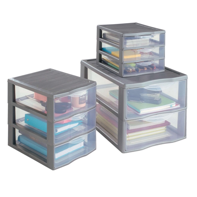 Sundis Lot De 2 Tours De Rangement Plastique A4 Orgamix 2 Tiroirs Transparents - Gris