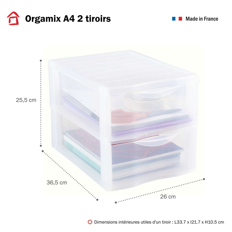 Sundis Lot De 2 Tours De Rangement Plastique A4 Orgamix 2 Tiroirs - Transparent