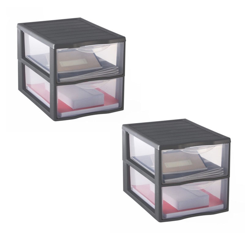 sundis Lot de 2 tours de rangement plastique A4 Orgamix 2 tiroirs transparents - gris