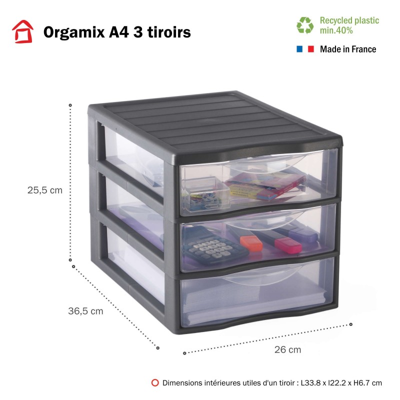 Sundis Lot De 2 Tours De Rangement Plastique A4 Orgamix 3 Tiroirs Transparents - Gris