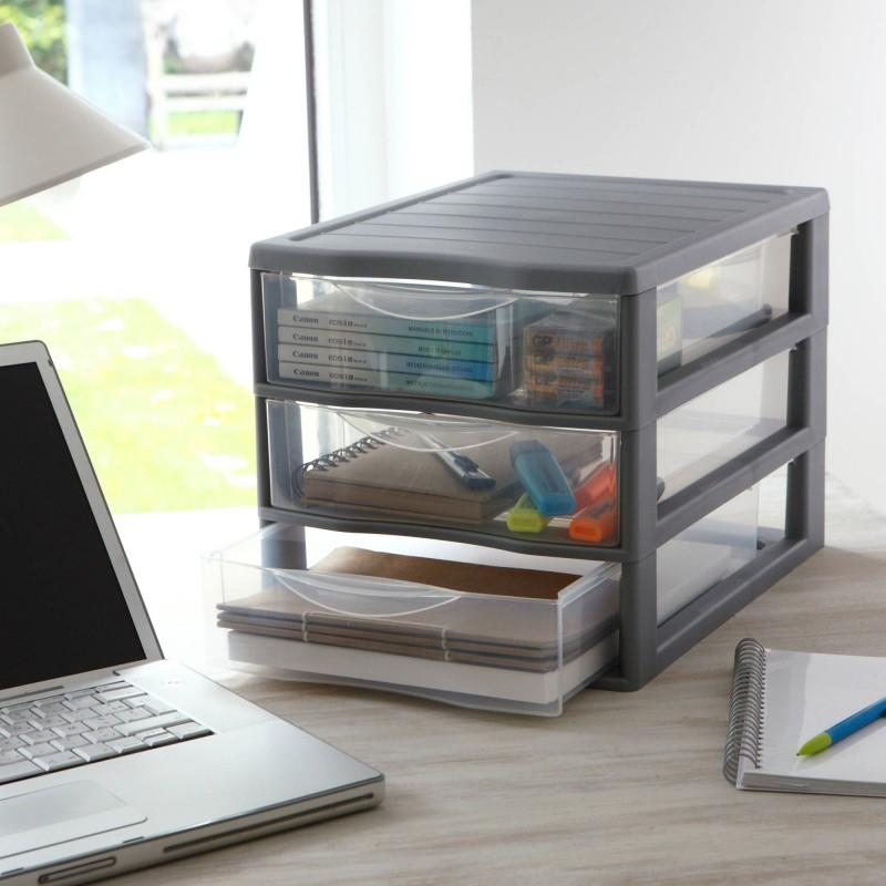 Sundis Lot De 2 Tours De Rangement Plastique A4 Orgamix 3 Tiroirs Transparents - Gris