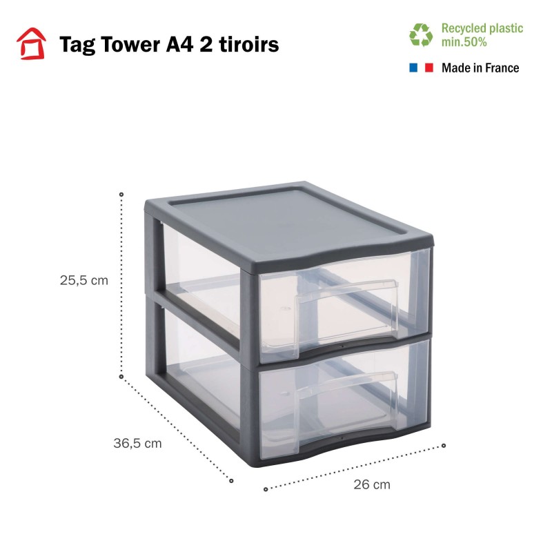 Sundis Lot De 2 Tours De Rangement Plastique A4 Tag Tower 2 Tiroirs Transparents - Gris