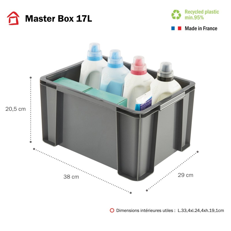 Sundis Lot De 3 Bacs De Rangement Plastique Robustes Et Renforcés 17L MASTER BOX - Gris