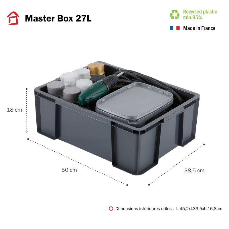 Sundis Lot De 3 Bacs De Rangement Plastique Robustes Et Renforcés 27L MASTER BOX - Gris