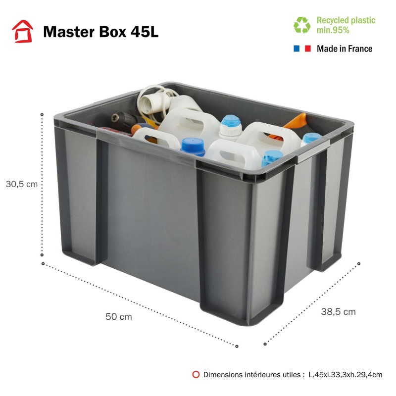 Sundis Lot De 3 Bacs De Rangement Plastique Robustes Et Renforcés 45L MASTER BOX - Gris
