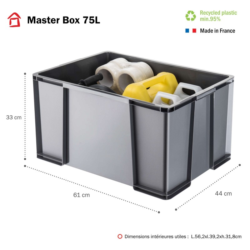 Sundis Lot De 3 Bacs De Rangement Plastique Robustes Et Renforcés 75L MASTER BOX - Gris