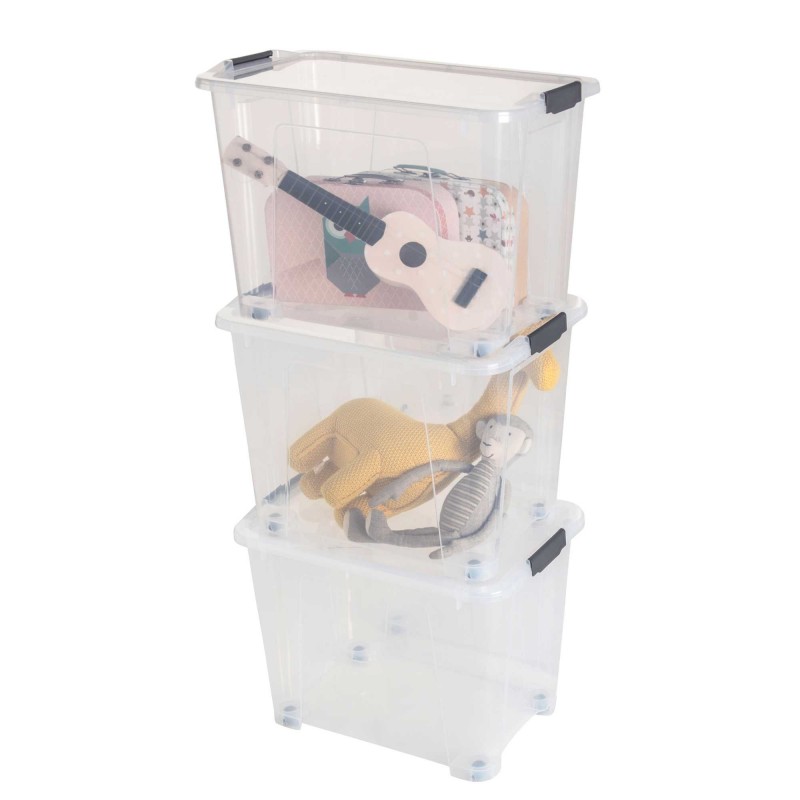 sundis Lot de 3 boîtes de rangement avec roues en plastique transparent 60L avec couvercle clipsable VIEW BOX