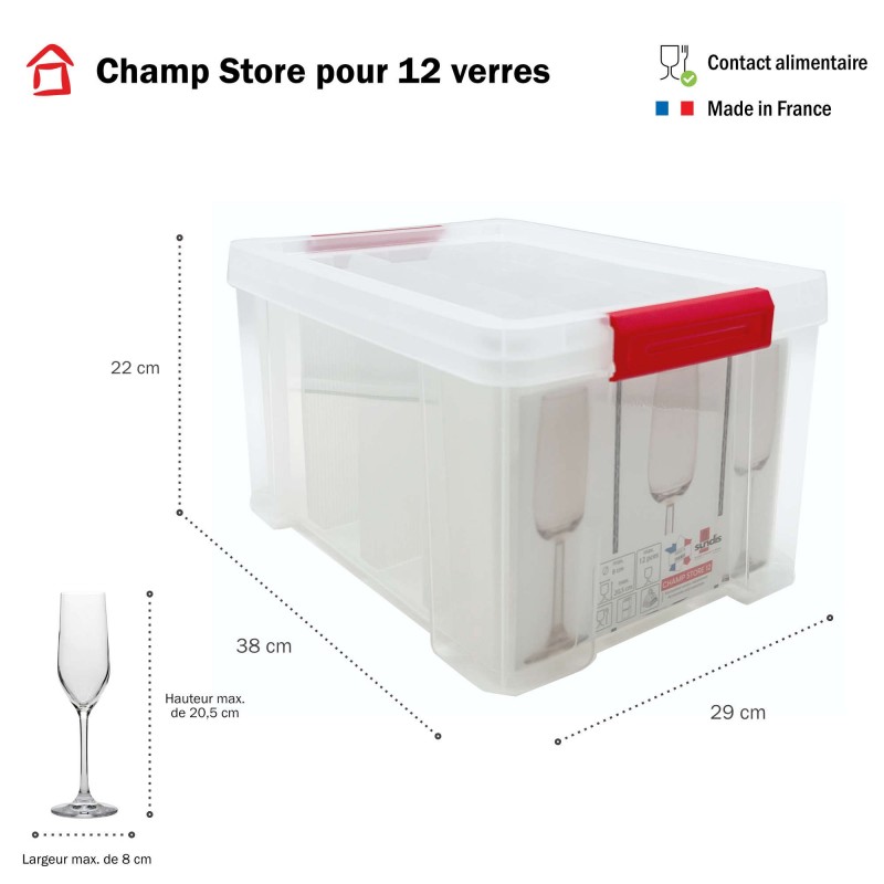 sundis Lot De 3 Boîtes De Rangement En Plastique Pour Flûtes à Champagne Renforcées Et Transparentes Avec Couvercle CHAMP STORE